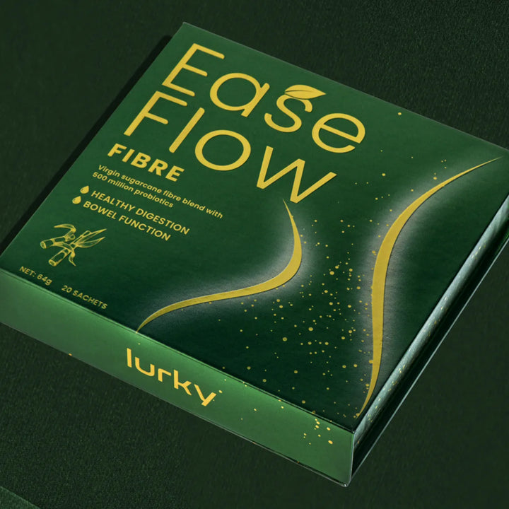 Lurky EaseFlow Fibre Pro combines prebiotics and probiotics with golden kiwifruit, green kiwi, and ginger extracts to support digestive health, alleviate IBS symptoms, and aid in weight management.