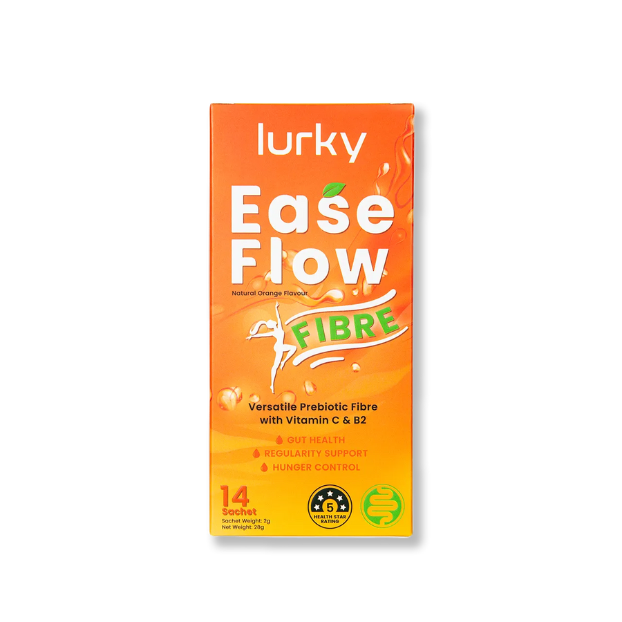 Lurky EaseFlow Fibre with Vitamin C and B2 is a digestive health supplement combining virgin sugarcane fibre, Vitamin C, and Vitamin B2 to promote a balanced gut microbiome, aid regular bowel movements, manage blood sugar levels, and enhance fullness for better appetite control.