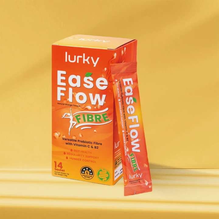 Lurky EaseFlow Fibre with Vitamin C and B2 is a digestive health supplement combining virgin sugarcane fibre, Vitamin C, and Vitamin B2 to promote a balanced gut microbiome, aid regular bowel movements, manage blood sugar levels, and enhance fullness for better appetite control.
